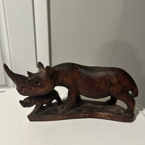 Hand-Carved Wooden Rhino with Baby – African Style Decor